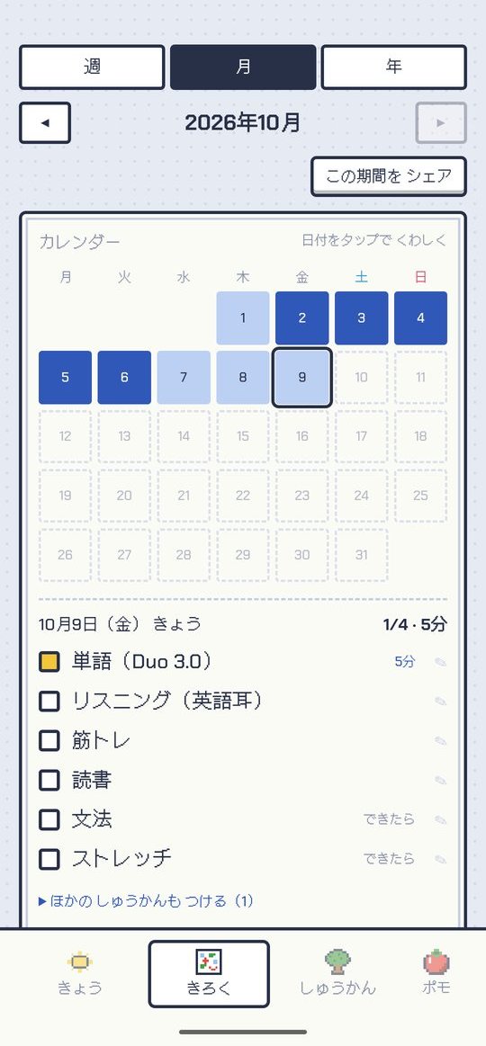 きろくタブ:月のカレンダーと日ごとの詳細